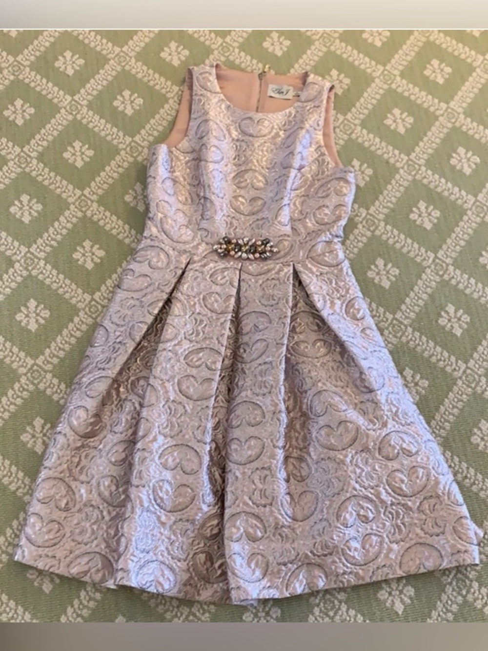 Eliza J Pale Blush Jacquard Fit-and-Flare Dress with Embellished Waist